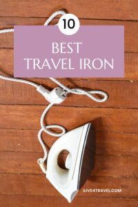a pin created by i live for travel about the 10 best travel iron showing a white iron with a white cord on a brown wooden floor