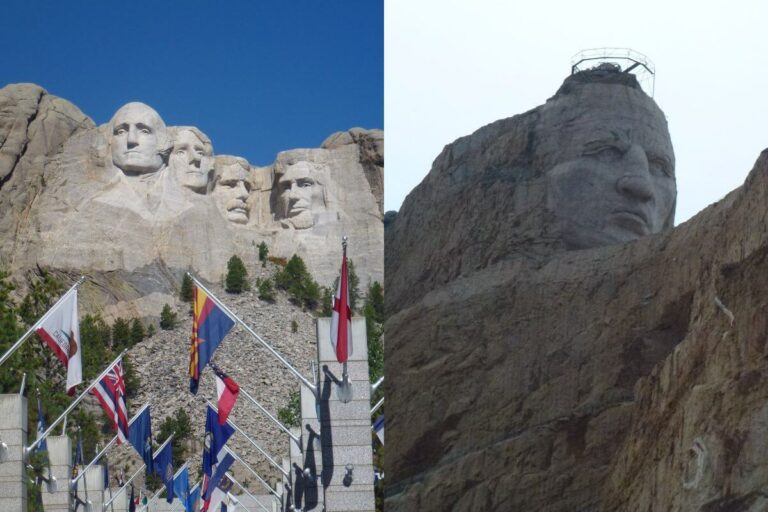 Side-by-side comparison image of two iconic American monuments carved into mountainsides. The left side shows Mount Rushmore in South Dakota, featuring the sculpted faces of four U.S. Presidents George Washington, Thomas Jefferson, Theodore Roosevelt, and Abraham Lincoln, with rows of international flags in the foreground. The right side displays the Crazy Horse Memorial, also in South Dakota, showing the unfinished stone carving of Lakota leader Crazy Horse’s face and part of his headdress against a pale sky.