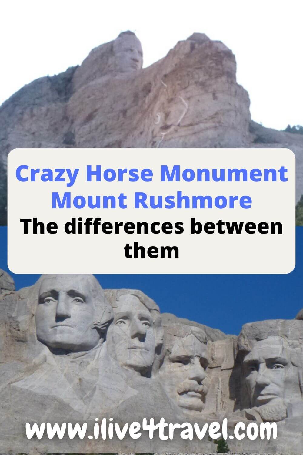a pin created by i live for travel about Crazy Horse vs Mount Rushmore and the differences between them, showing 2 pictures, the top picture has a face carved into a mountain and the bottom picture has four faces carved into a mountain