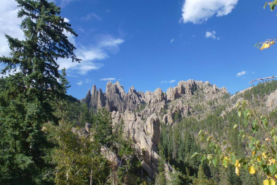 mountains with bare rocks sticking out with jagged edges, with lots of trees on the side of the mountain on a blue sunny day