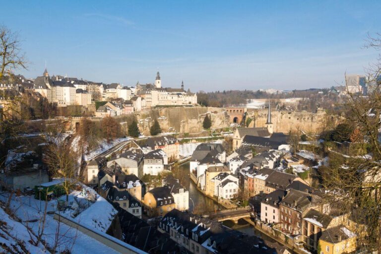 Panoramic view of Luxembourg City in winter, showing the historic old town and the Grund district with its pastel-colored buildings and winding river. The fortified walls and Bock Casemates rise above the valley, with church spires and towers dotting the skyline under a clear blue sky. Patches of snow cover rooftops and pathways, adding a peaceful winter charm to the scene.