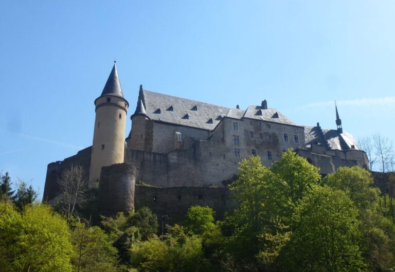 A panoramic view of Vianden Castle perched atop a forested hill, showcasing its medieval architecture with multiple towers and turrets, overlooking the quaint town of Vianden below.