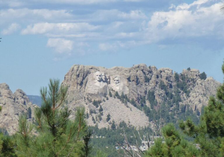 Distant view of Mount Rushmore in South Dakota, with the carved faces of four U.S. presidents, George Washington, Thomas Jefferson, Theodore Roosevelt, and Abraham Lincoln, set against rugged granite cliffs. The monument is framed by green pine trees in the foreground under a bright blue sky with scattered white clouds.