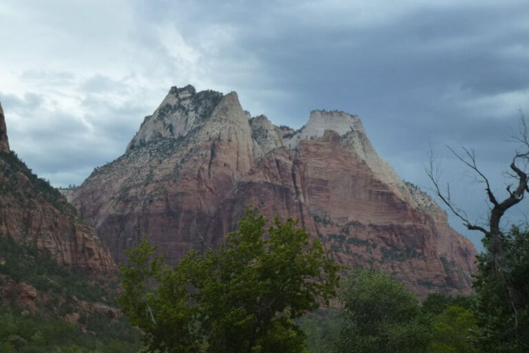 steep white and orange cliffs of a valley with trees in front of them