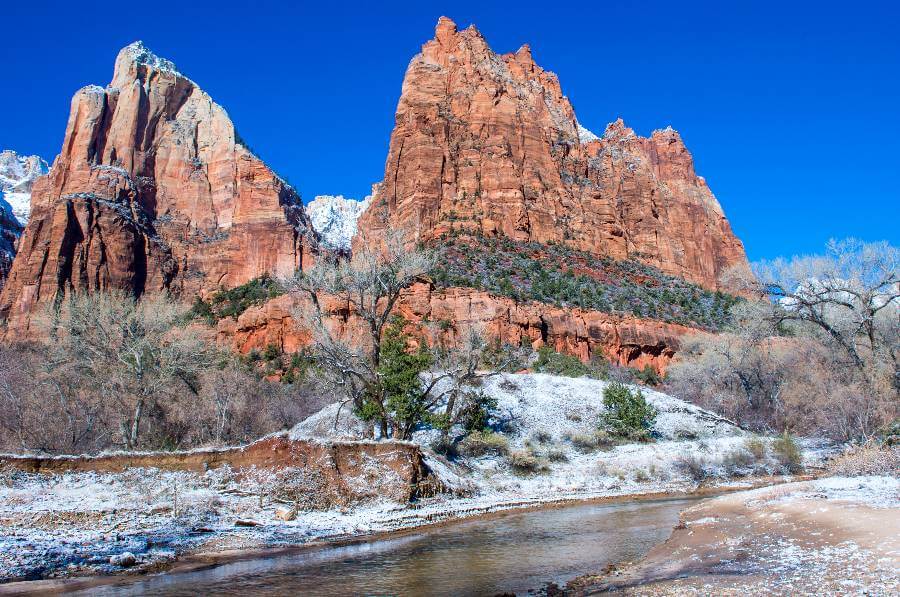 the river is close with the zion canyon cliffs on the other side, the grass is covered in snow and there are some trees on the canyon floor