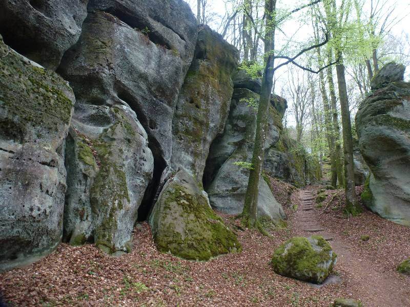 a path through a wood with huge worn rocks to either side of the path