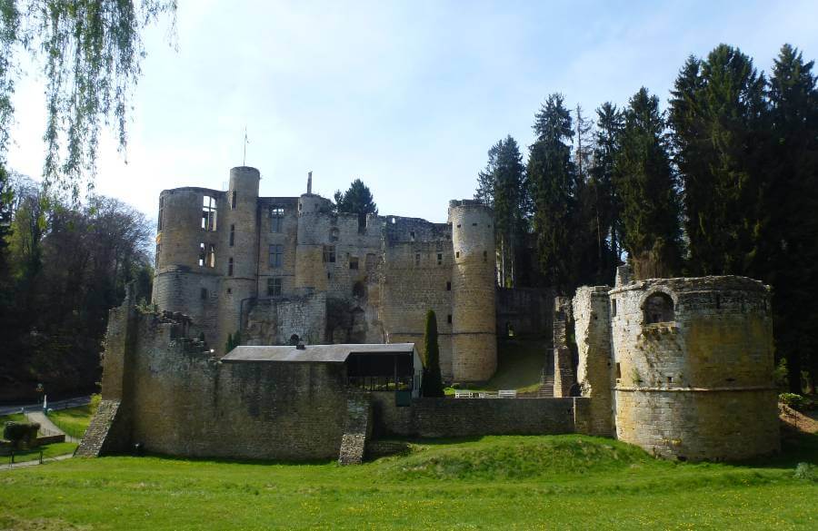 ruins of a castle still standing, with no roof, surrounded by grass and a few trees