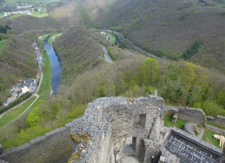 a river running through a valley in a horse shoe shape from the ruins of a castle on top of a hill, you can see the area and close by hills are covered in trees