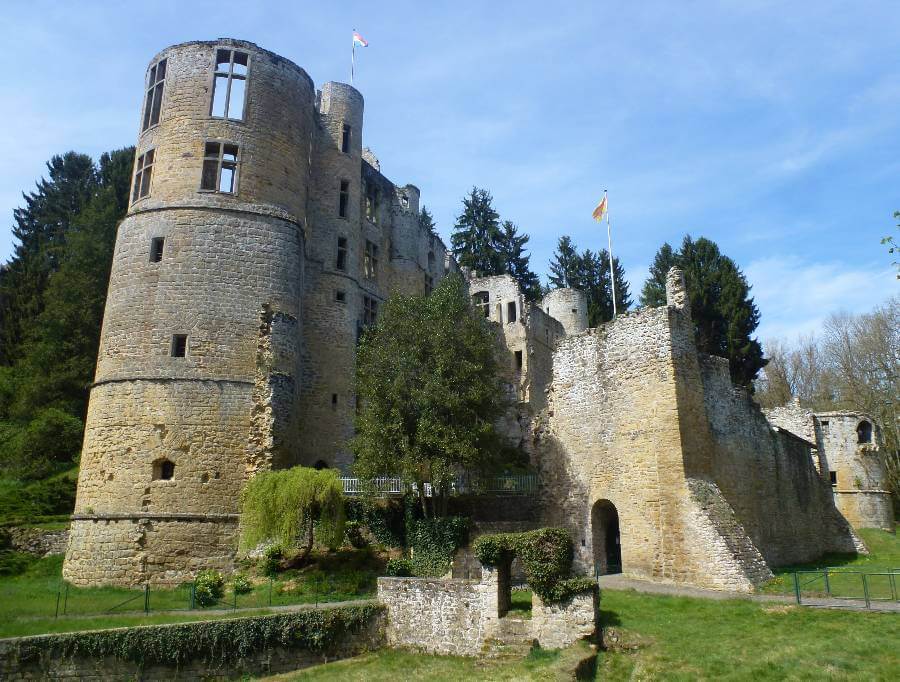 the ruins of a castle, with towers and walls with a flag and grass around the outside
