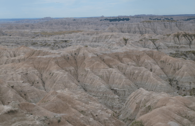 Sweeping view of South Dakota’s Badlands, featuring sharply eroded rock layers and jagged ridgelines carved into the landscape. Muted shades of tan and gray create a stark, textured terrain that rolls toward the horizon, emphasizing the striking, raw character of this iconic region.