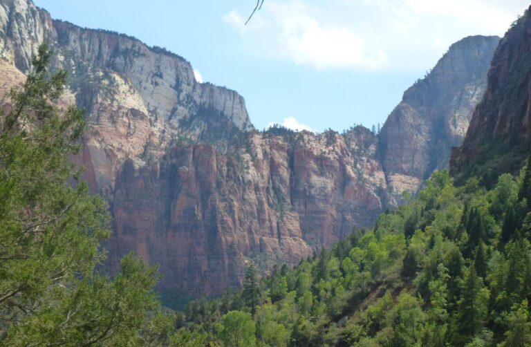a valley with steep orange cliff sides around it with the valley floor covered in trees