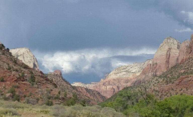 a canyon floor with orange slopes to the side and bushes and trees on the canyon floor with white mountain tops in the distance