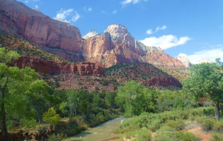 a river running through a valley with trees to the side and to the left, steep orange cliffs of the canyon