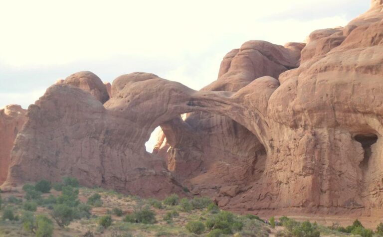 a large orange rock sticking up from the ground with a hole and archway carved into it over millions of years and bushes in front of it