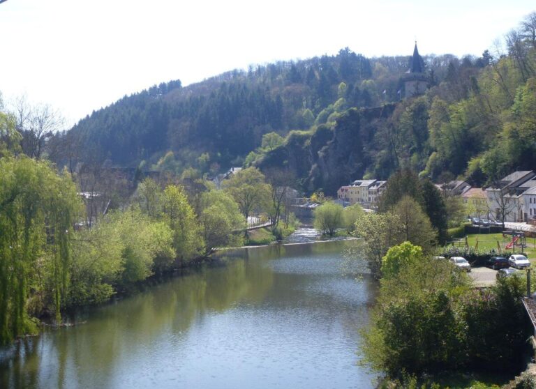 a river through a small town, with trees along the side and buildings in the distance and behind them a hill covered in trees